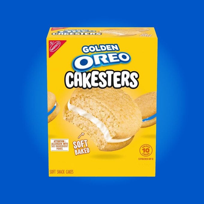 A box of Golden Oreo Cakesters on a blue background