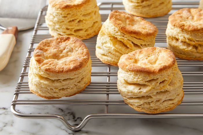 Close shot of Simple Biscuits; place on wire rack before serving; marble surface