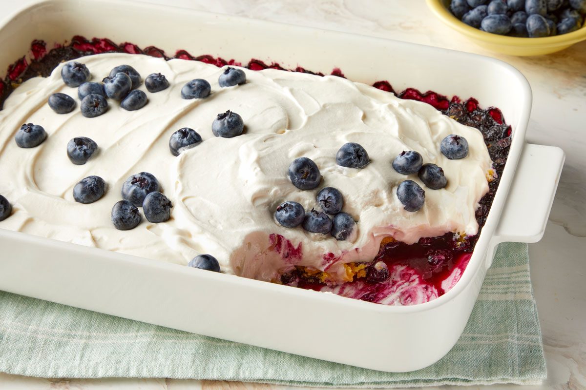 vertical shot of Lemon Blueberry Dump Cake