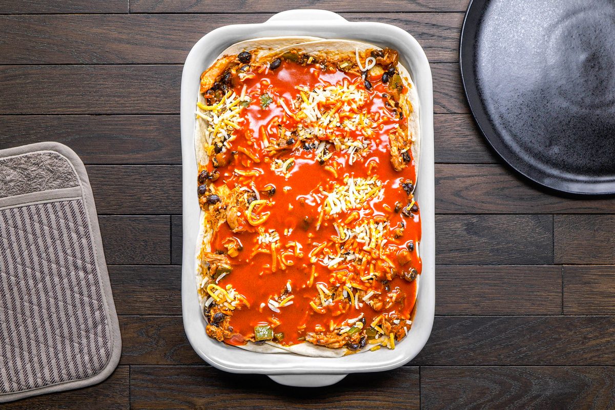 Chicken Enchilada Casserole in a baking dish