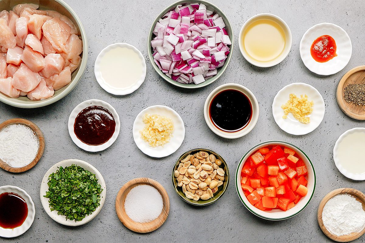 Various ingredients are laid out on a table, including diced chicken, chopped red onions, diced tomatoes, garlic, peanuts, sauces, spices, and herbs, each in separate bowls. The arrangement is organized on a light gray surface.