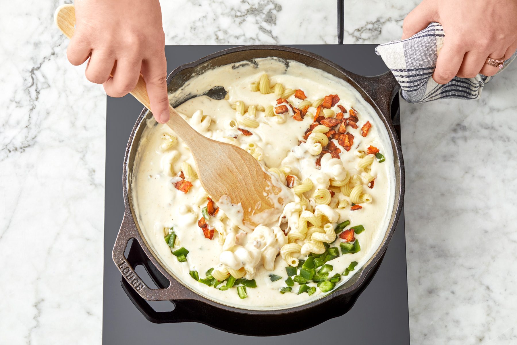 add pasta, bacon, jalapeno