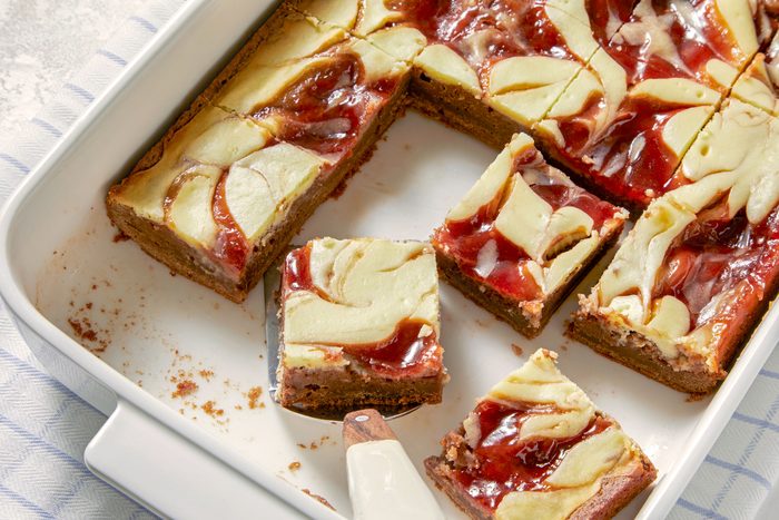 high angle shot of Strawberry Cheesecake brownies