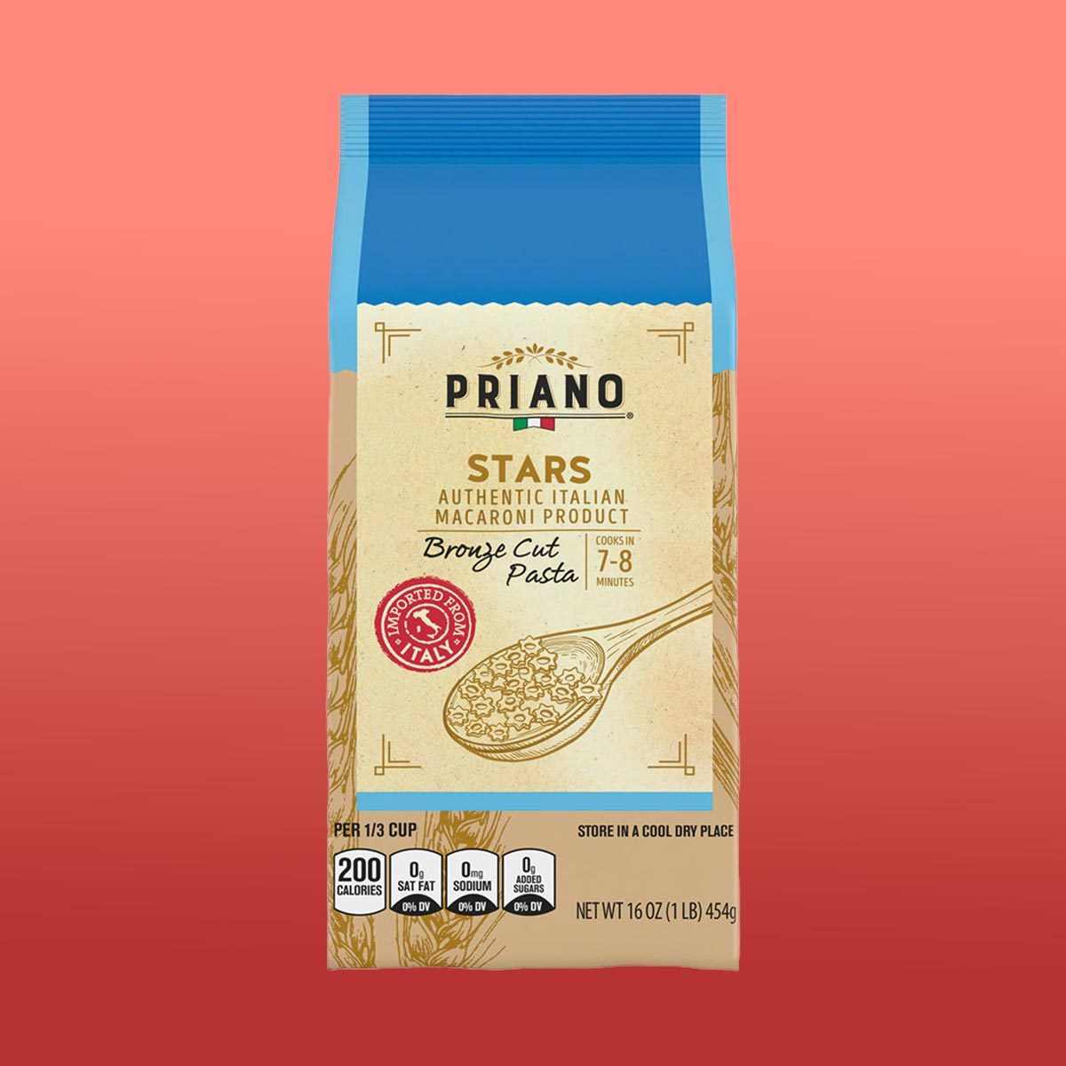 Package of Priano bronze-cut star pasta on a red background