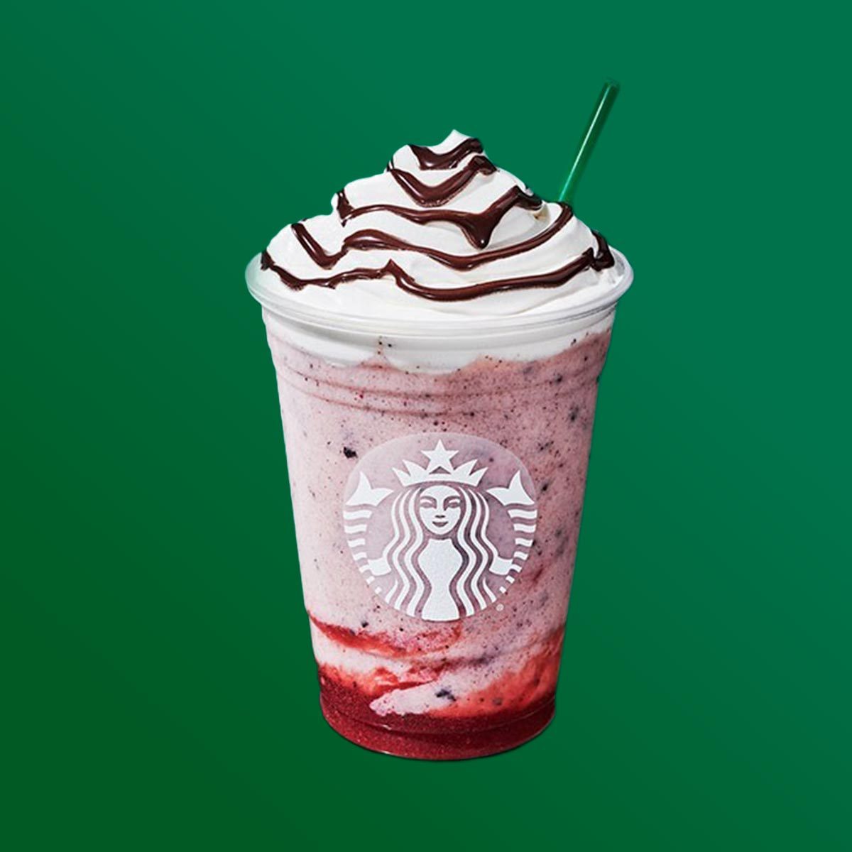 Chocolate covered strawberry frappuccino drink on a green background