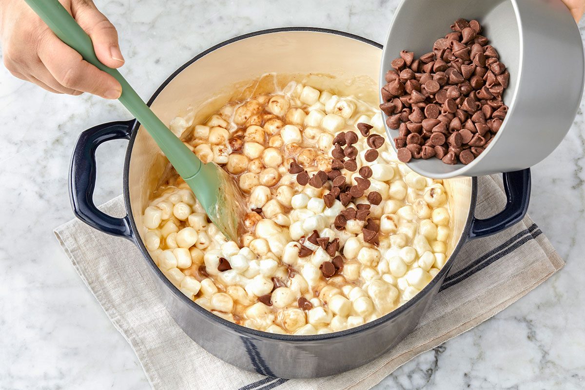 chocolate chips, marshmallows and chopped chocolate