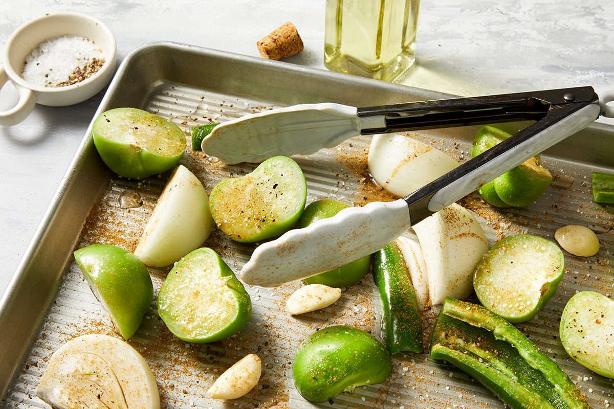 Close-up shot; Preheat oven to 400 degree; Roast until skins begin to brown and vegetables are tender