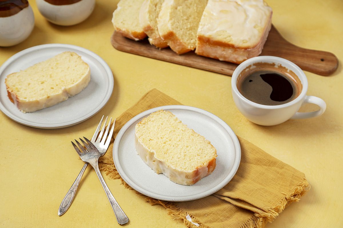 Cake sliced and served with coffee