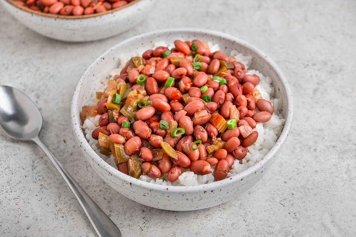 Red Beans & Rice garnished with spring onion and ready to serve