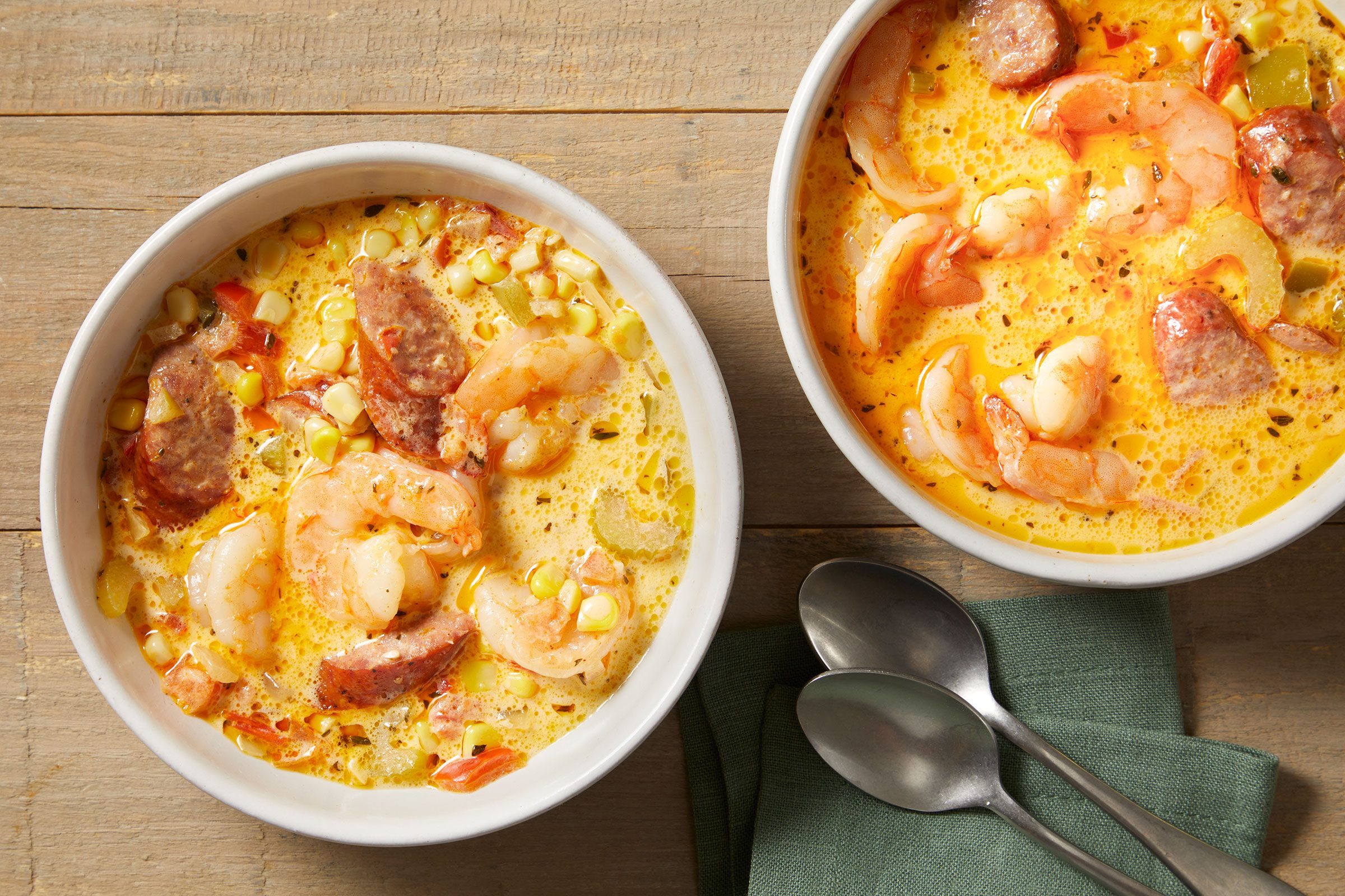 Shrimp And Sausage Soup in two white bowls with silverware placed on the side