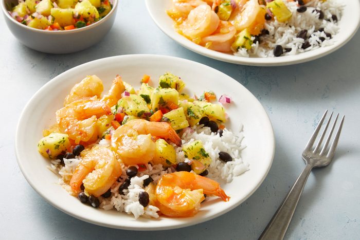 Spicy Sweet Shrimp With Pineapple Salsa served in small white plates