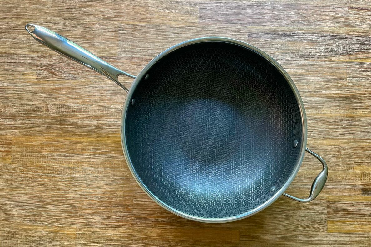 Hexclad Wok on a wooden background