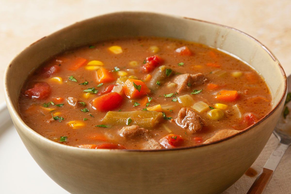 Bowl of Bowl of Kansas City Steak Soup, ready to serve