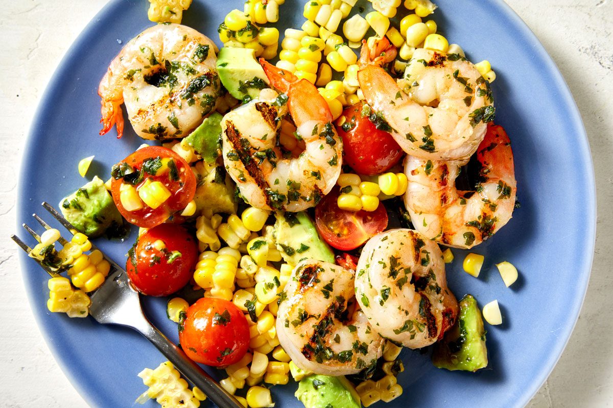 Overhead shot of Pesto Corn Salad with Shrimp