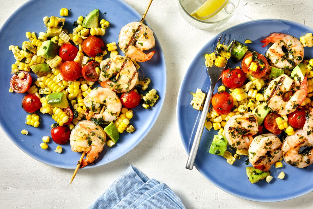 overhead shot of Pesto Corn Salad with Shrimp