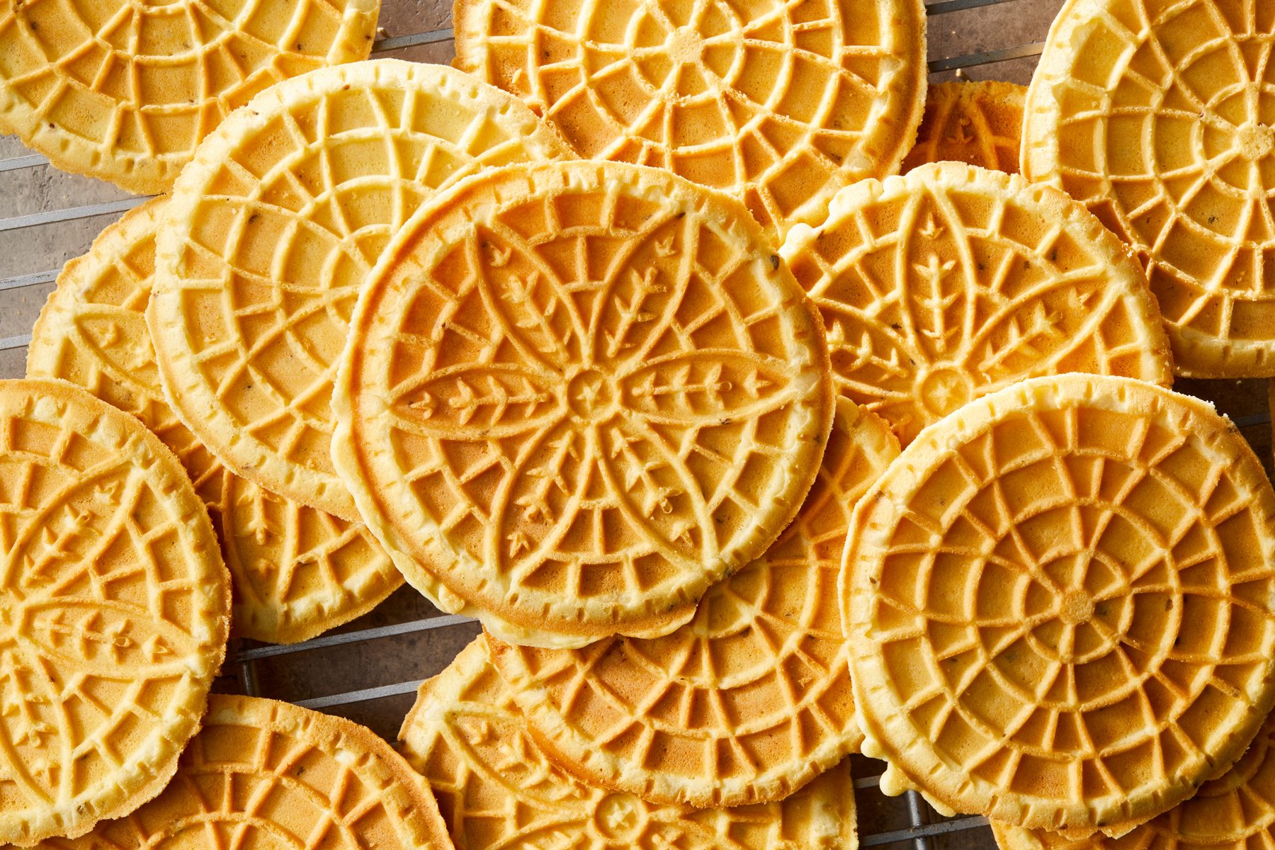 overhead shot of Pizzelle Cookies on wire rack