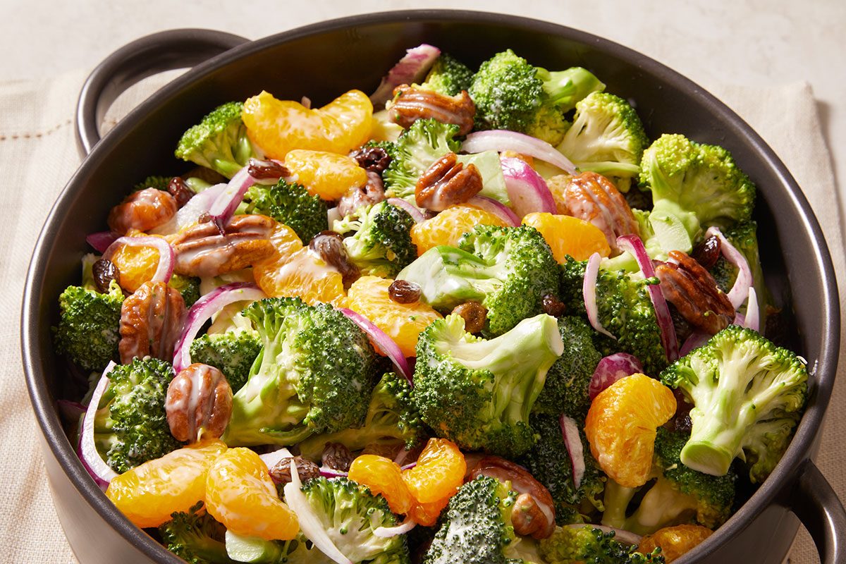 Broccoli Salad with Mandarin Oranges, Close up shot, healthy salad for dieting 