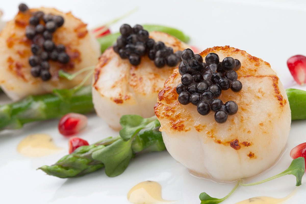 Close up of delicious appetizer scallops with black caviar