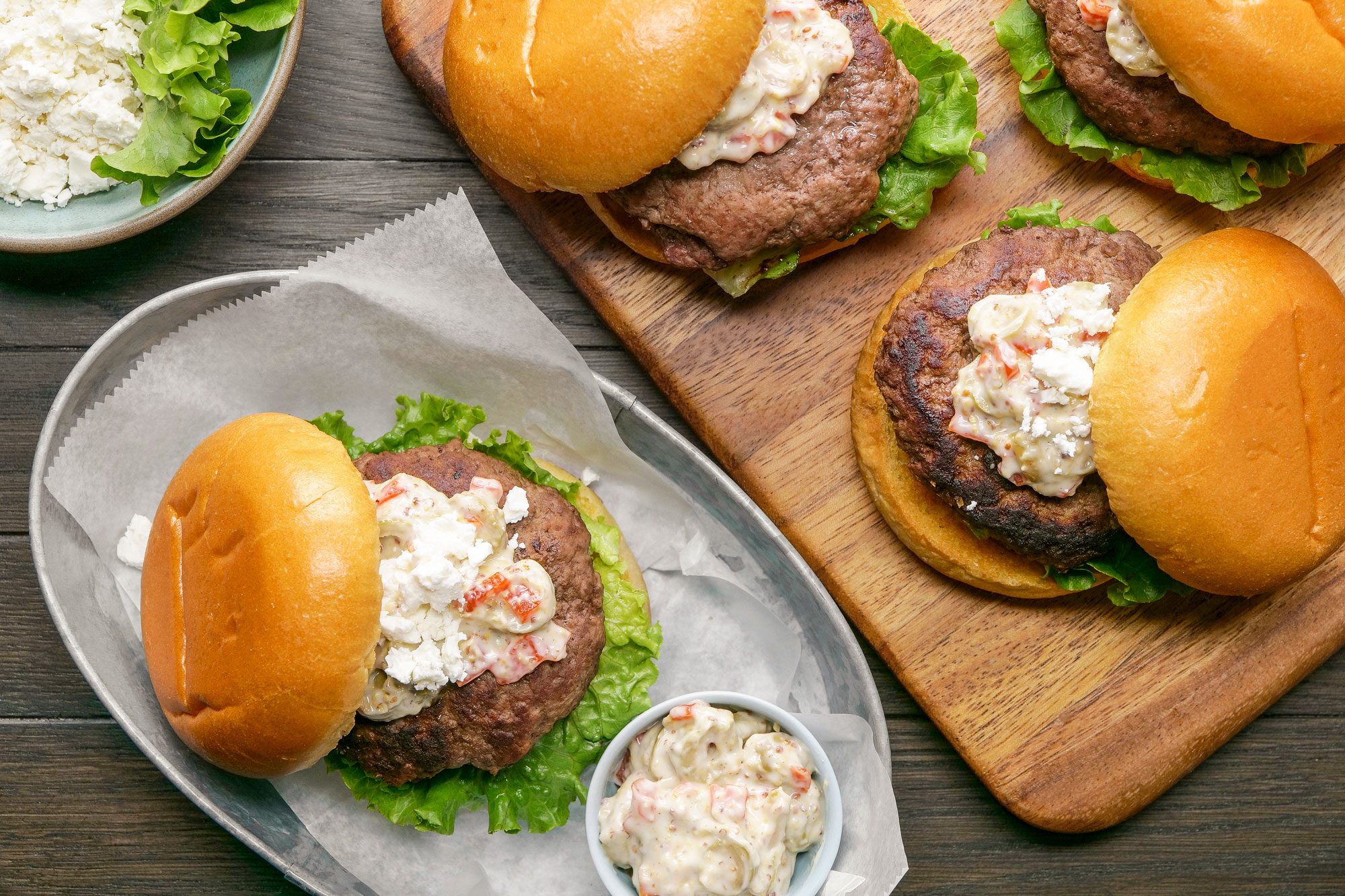Overhead shot of Mom's Favorite Olive Burgers