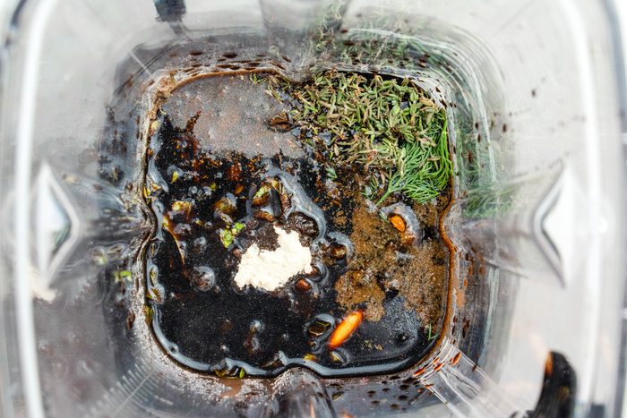 balsamic vinegar, honey, basil, onion powder, dill, oregano, thyme, garlic, white pepper and mustard mixed in a blender