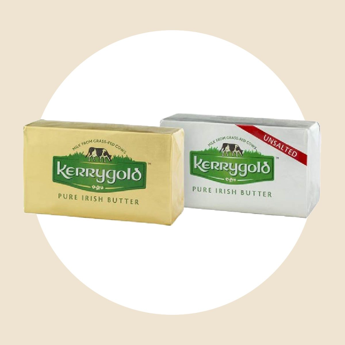 Two packages of Kerrygold Pure Irish Butter, one in gold wrapping (salted) and one in silver wrapping with a red 