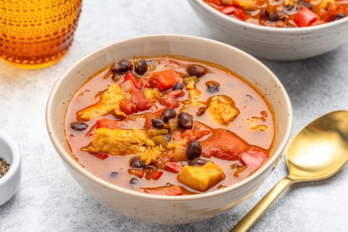 Black Bean Chicken Chili is ready and served in bowls