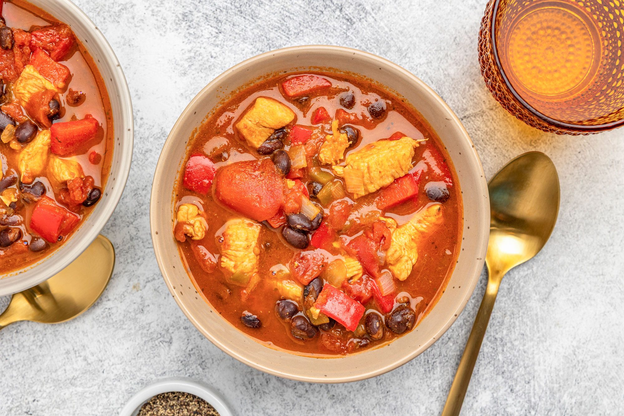 Black Bean Chicken Chili is ready and served in bowls