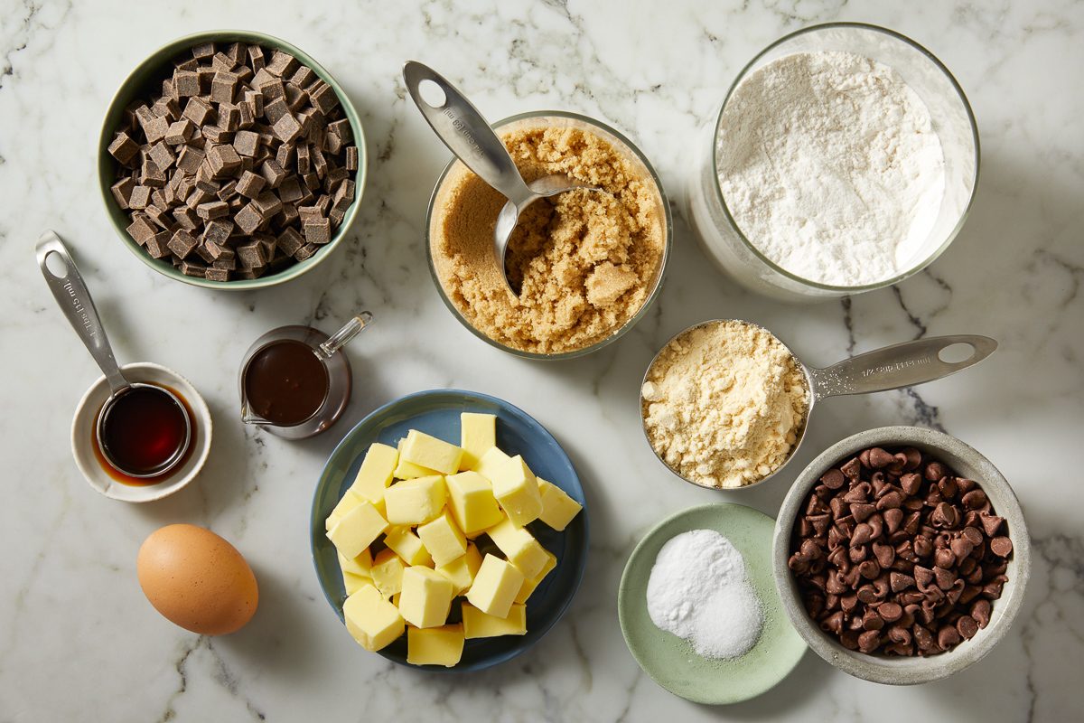 milk powder, butter shortening, brown sugar, chocolate syrup, vanilla extract, eggs, chocolate chunks and chips