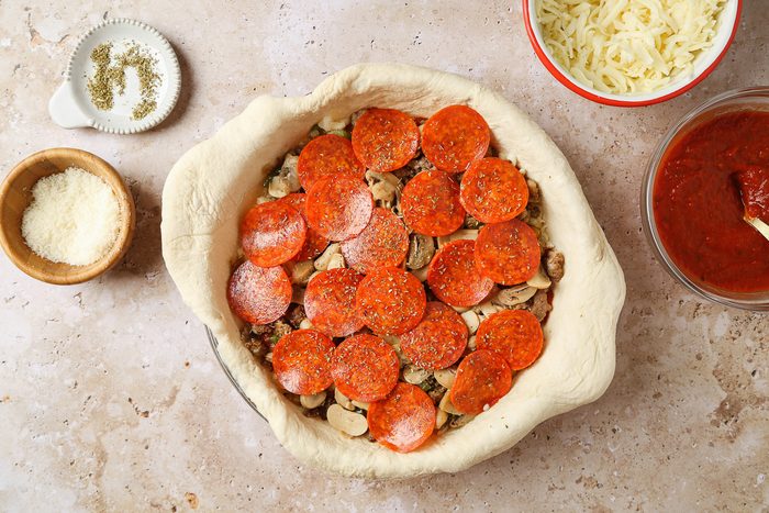 pepperoni layered over pie filling