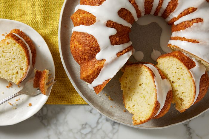 Yellow Squash Cake pieces on a plate overhead shot