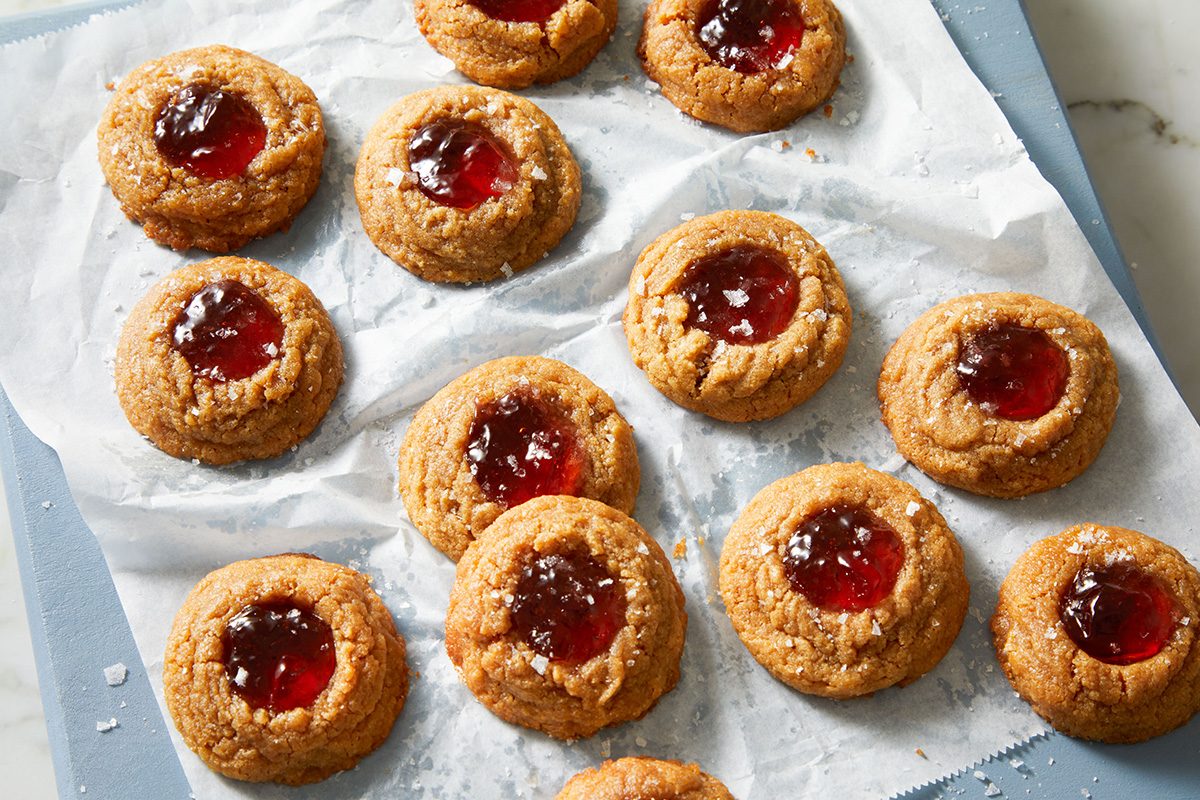 3/4 shot of freshly baked Flourless Peanut Butter and Jelly Cookies