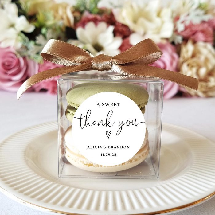 10 Sets Of A Sweet Thank You Wedding Favors Clear Macaron Box Ribbon Label Set