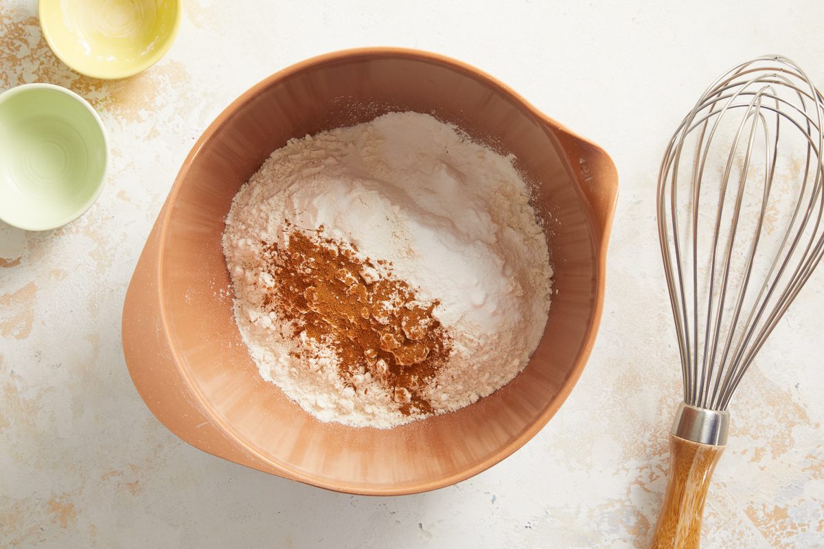 all-purpose flour, baking powder, baking soda, salt and cinnamon in a bowl