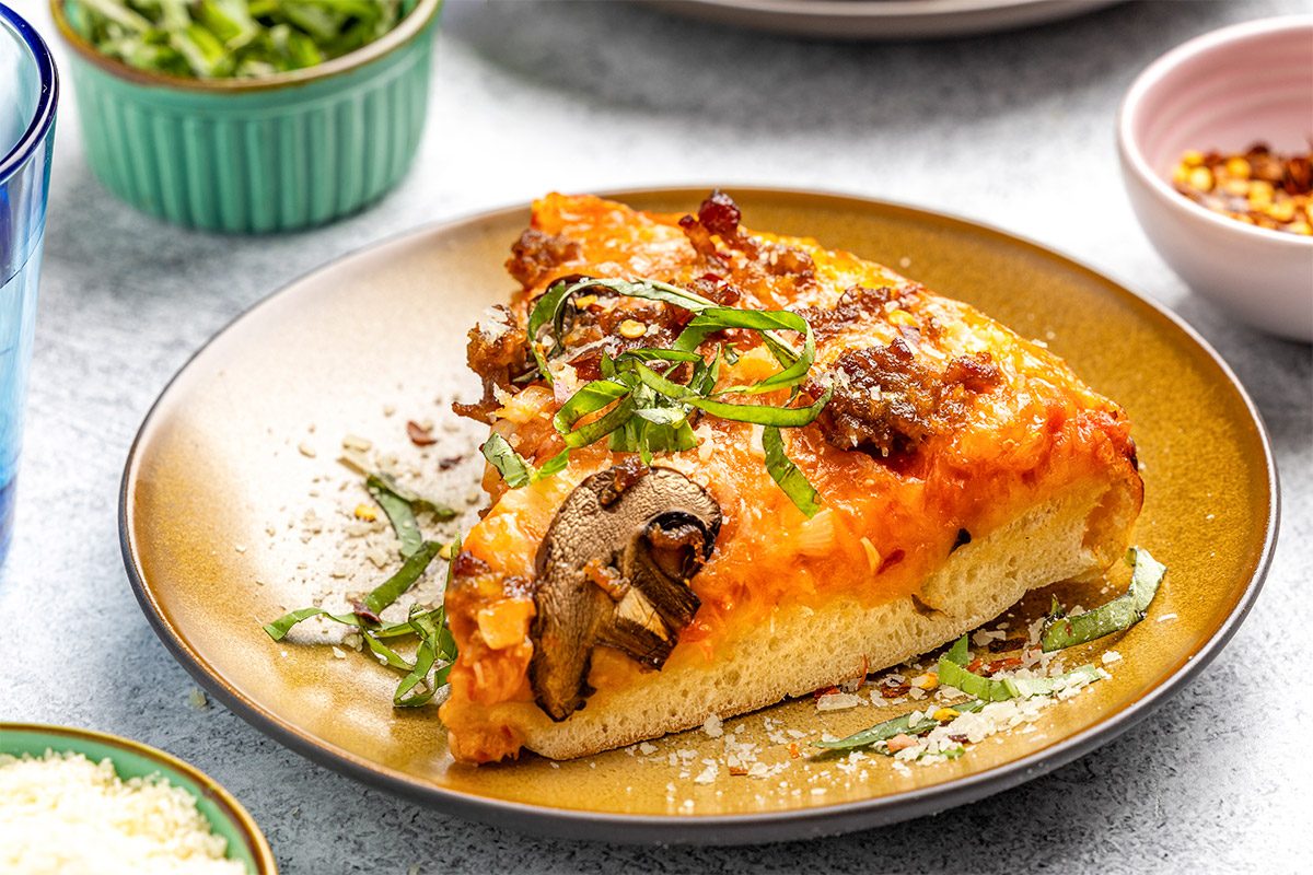 Close up shot of Dutch Oven Pizza;