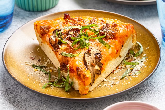 Vertical shot of Dutch Oven Pizza;