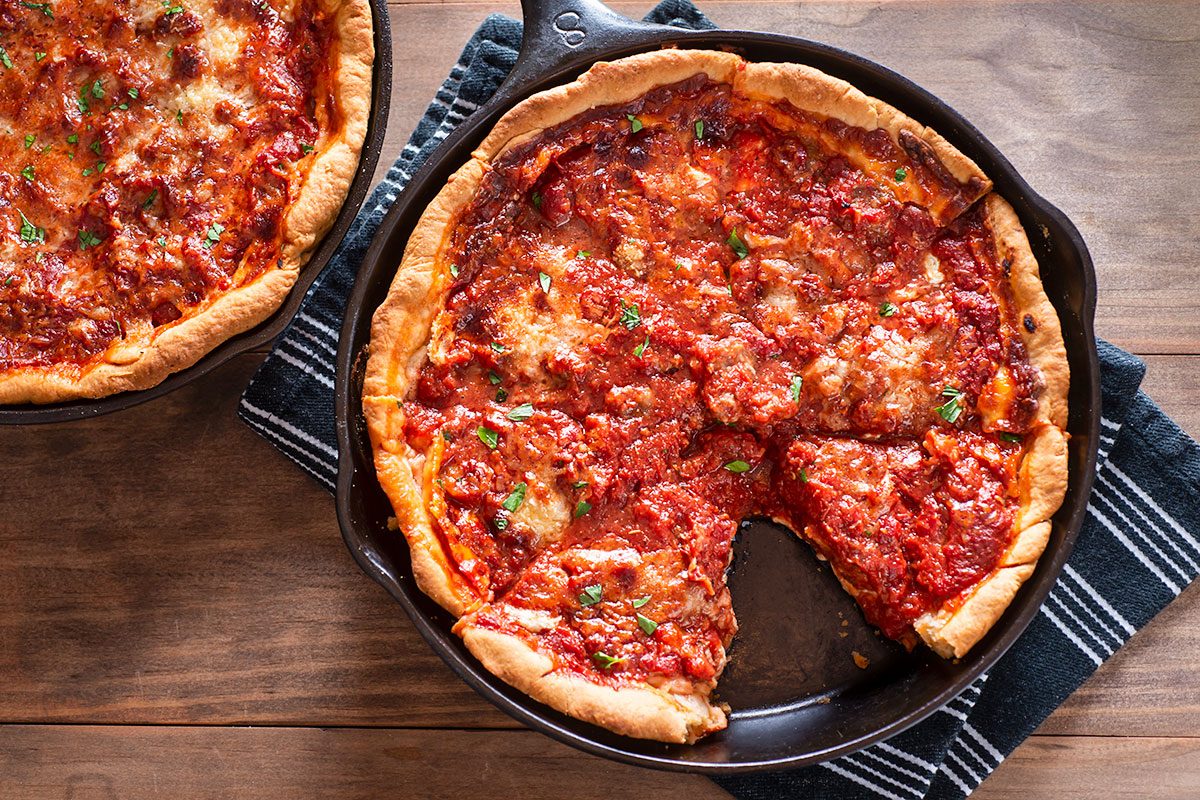 Deep Dish Chicago Style Pizza in a Cast Iron Skillets