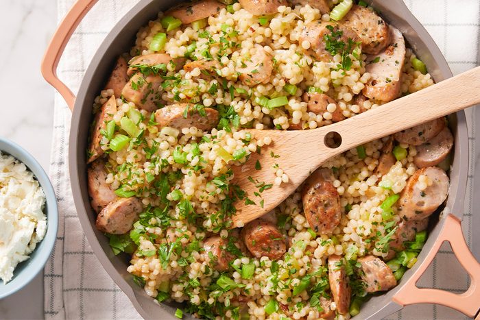 Overhead shot of Couscous & Chicken Sausage Skillet