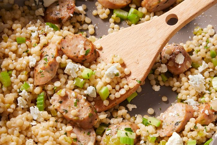 Close up shot of Couscous & Chicken Sausage Skillet