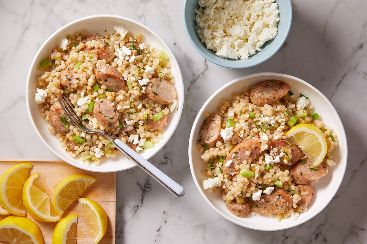 Overhead shot of Couscous & Chicken Sausage Skillet